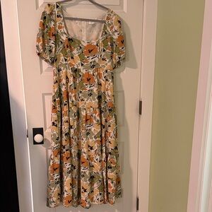 Astr Floral Midi Dress - Green, Orange, Black